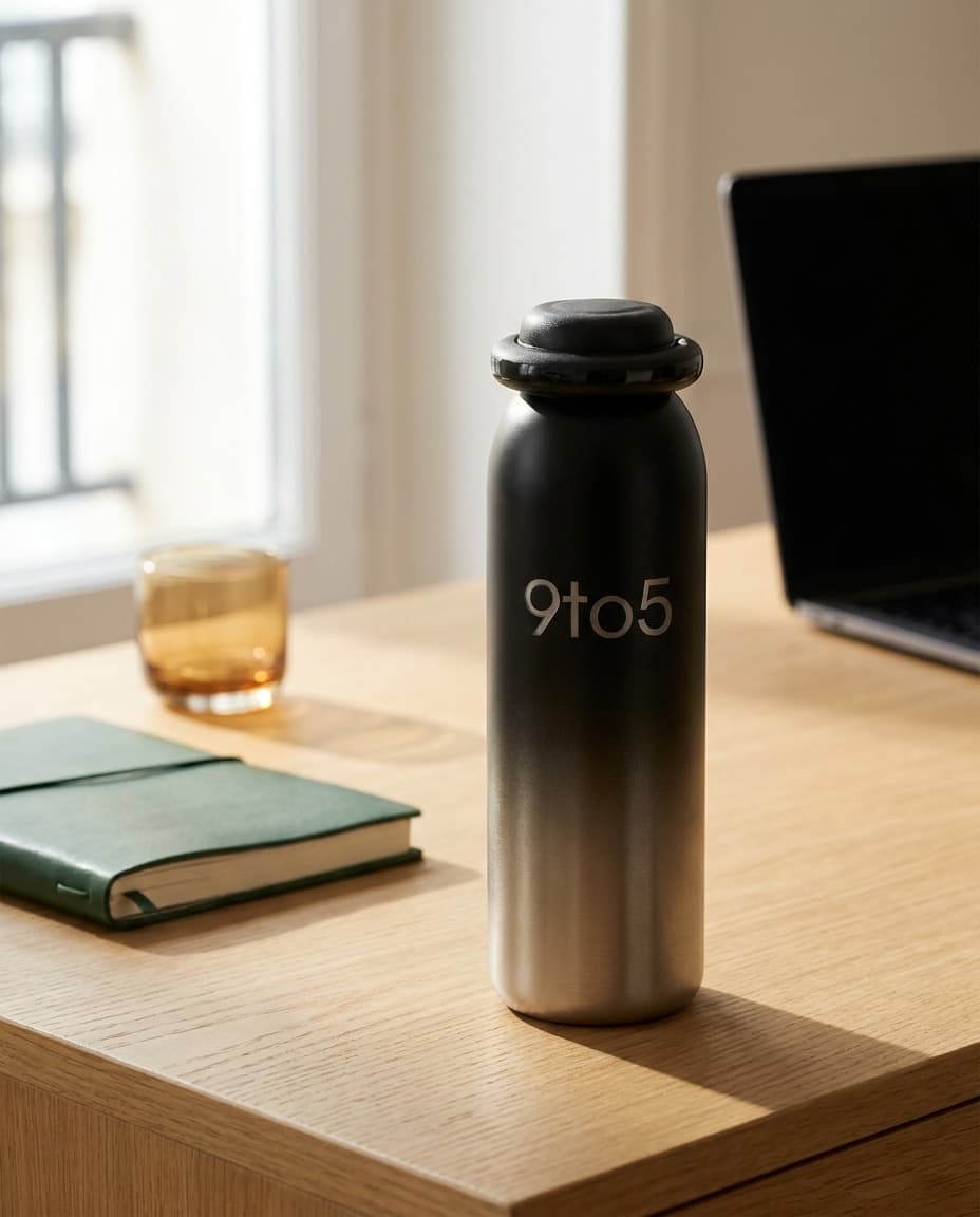 Gourde 9to5 Noir Mat sur un bureau