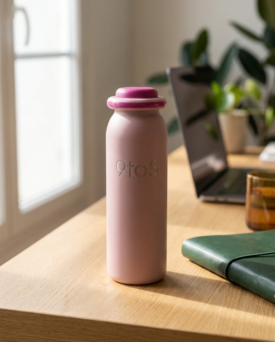Gourde 9to5 Rose Poudré sur un bureau